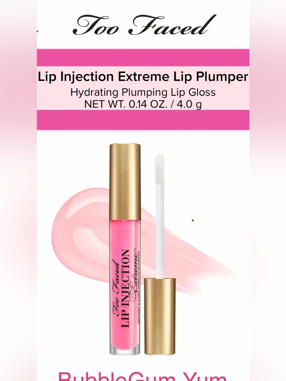 NWT Too Faced Lip Injection Extreme-Instant & Long Term Lip Plumper - Bubble Gum